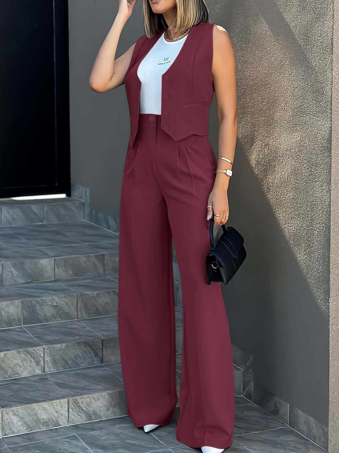 Women's Tailored Two-Piece Suit: Fitted Vest & Wide-Leg Trousers