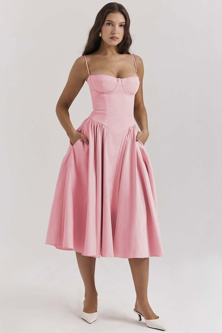 Elegant A-Line Midi Dress with Spaghetti Straps