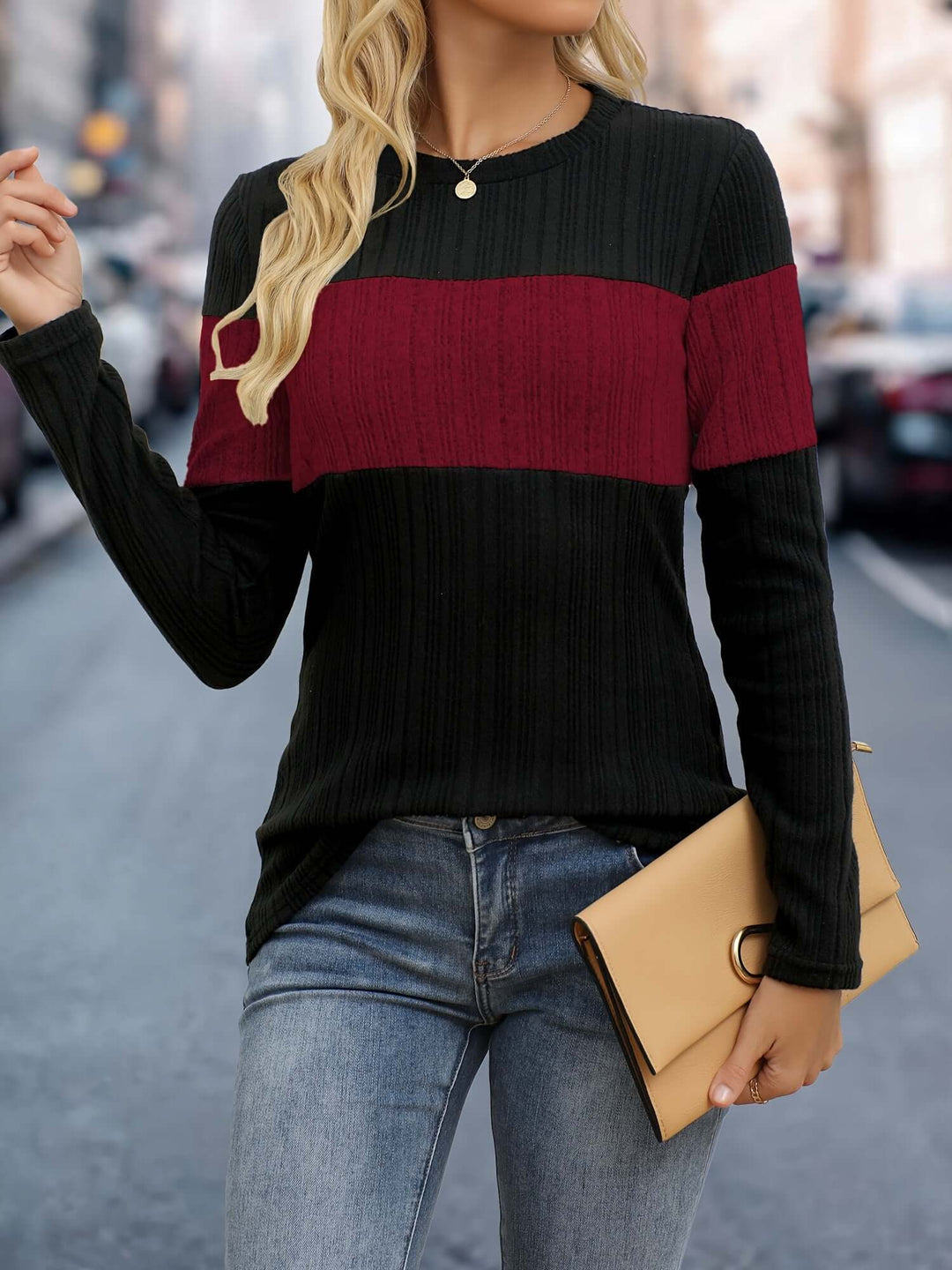 Women's Long Sleeve Ribbed Color-Block Top