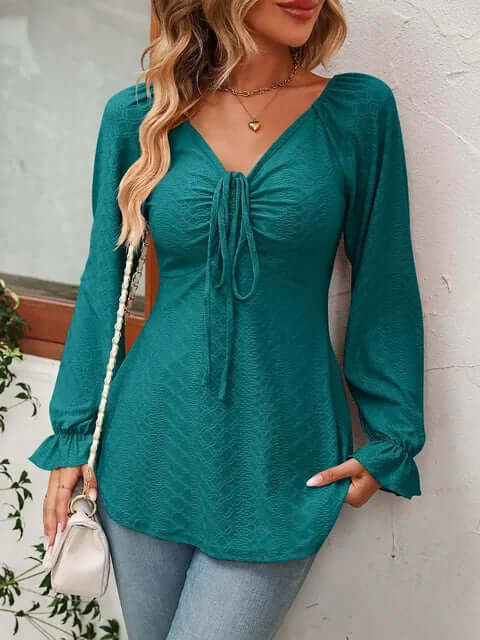 Women's V-Neck Bow Blouse - Elegant & Versatile Top