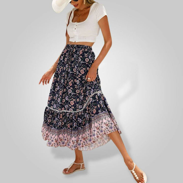 Women's Bohemian Floral Maxi Skirt: Flowy, Elastic Waist