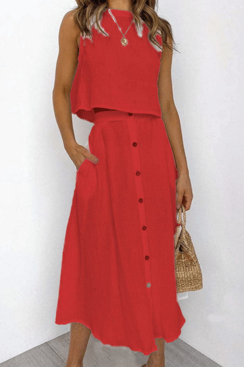 Women's Relaxed Fit Round Neck Top & Midi Skirt Set