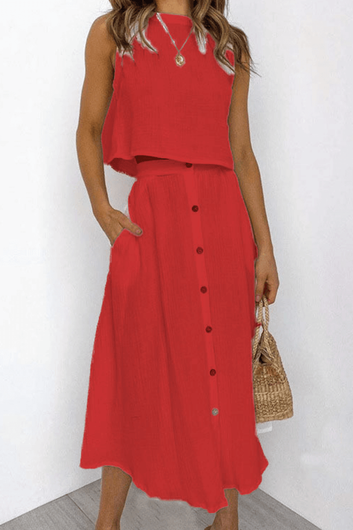 Women's Relaxed Fit Round Neck Top & Midi Skirt Set