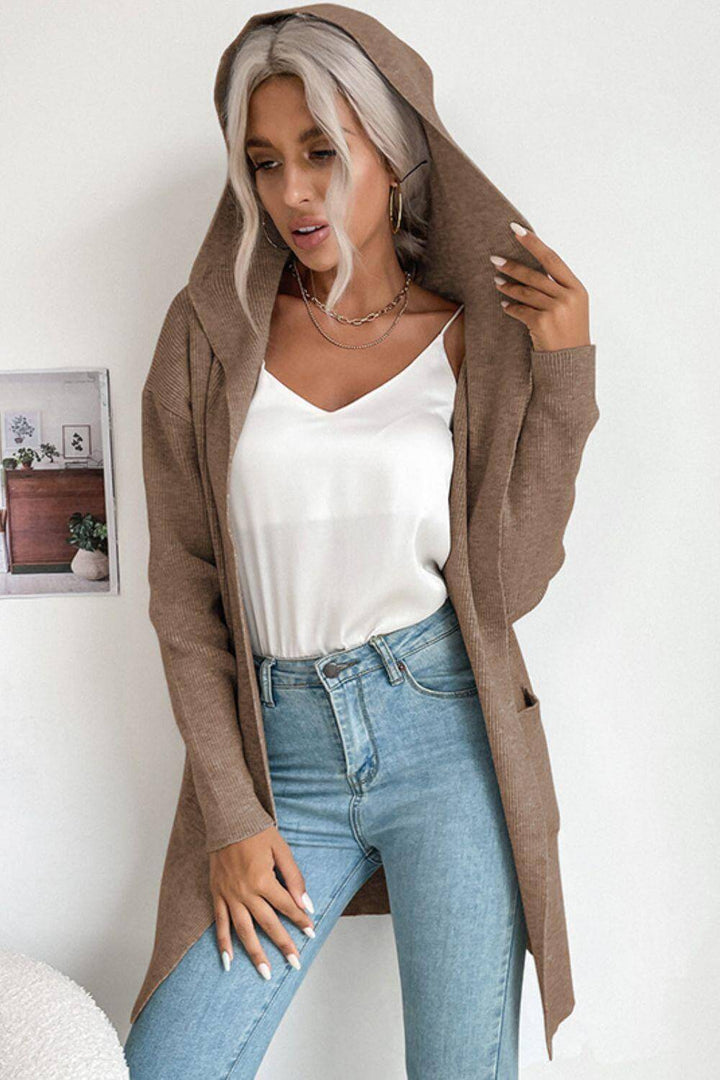 Women's Hooded Ribbed Cardigan: Cozy & Stylish Open-Front Knit