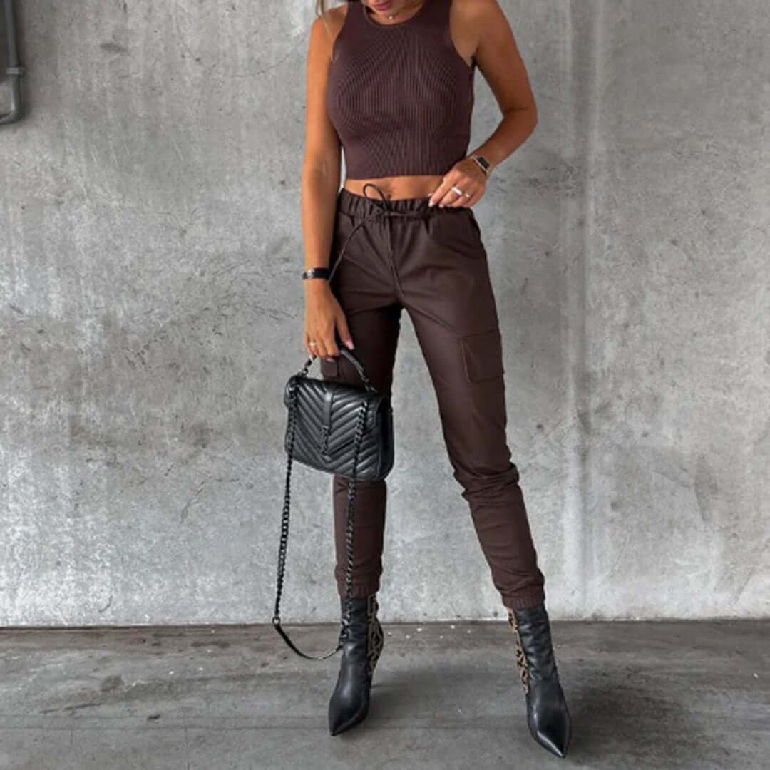 Women's High-Waisted Faux Leather Pants: Tapered Fit Cargo Trousers
