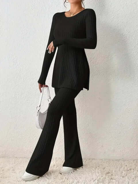 Women's Ribbed Knit Set: Long Sleeve Top & Flared Trousers