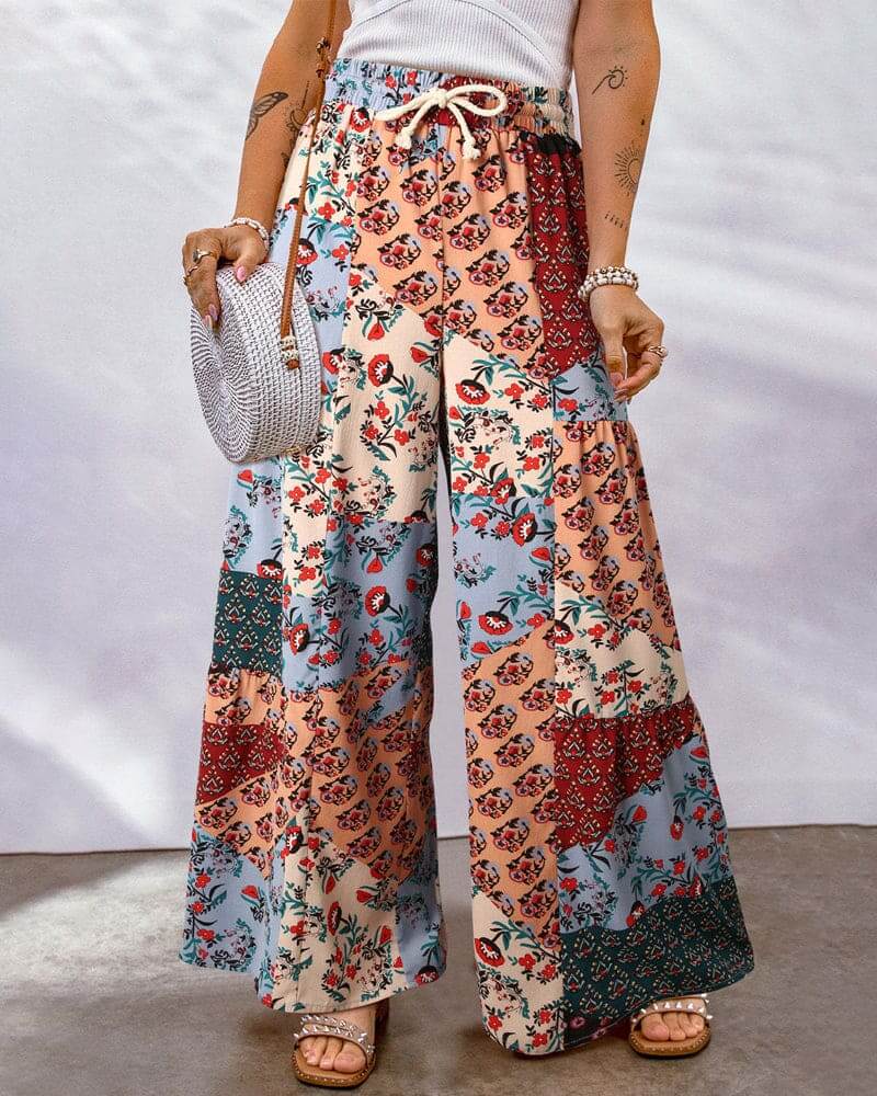 Women's Wide Leg Palazzo Trousers: High Waist, Drawstring, Boho Style