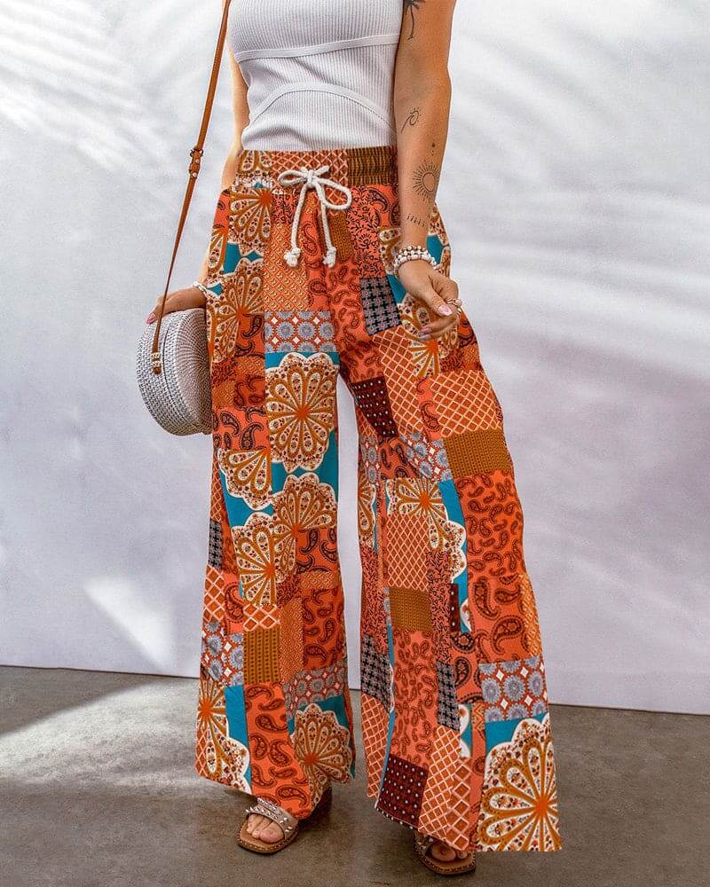 Women's Wide Leg Palazzo Trousers: High Waist, Drawstring, Boho Style