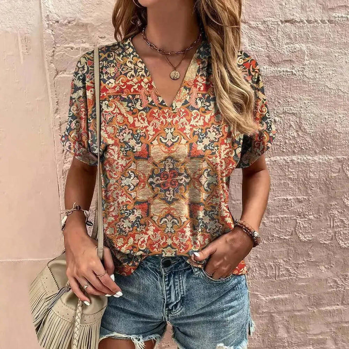 Women's Relaxed Fit V-Neck Blouse: Breathable Short Sleeve Top