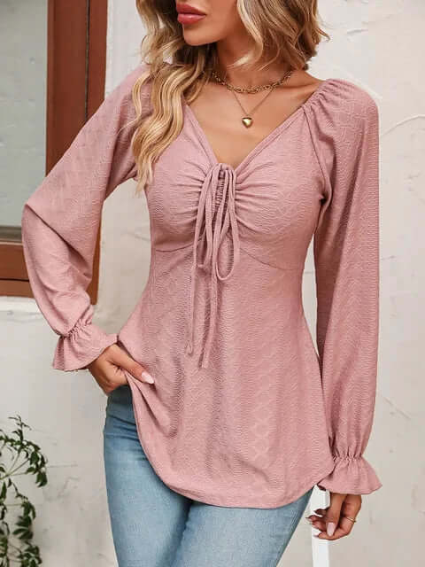 Women's V-Neck Textured Top with Flared Sleeves