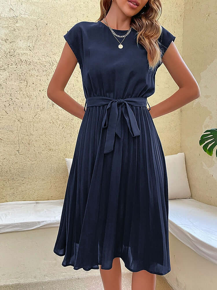 Elegant Midi Dress: Pleated Skirt, Cap Sleeves, Tie Waist