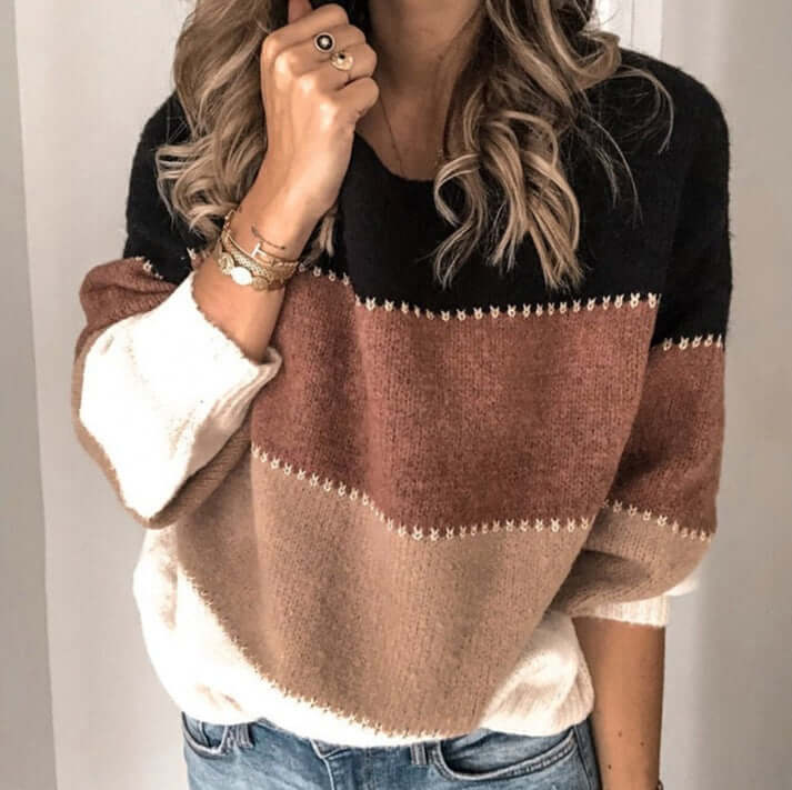 Women's Striped Knitted Jumper - Relaxed Fit - Long Sleeves