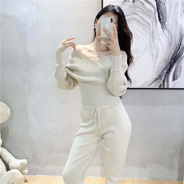 Women's Ribbed V-Neck Top & Harem Pants Set