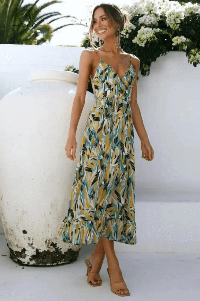 Women's Flowy Midi Sundress: A-Line, Sweetheart Neck, Ruffled Hem