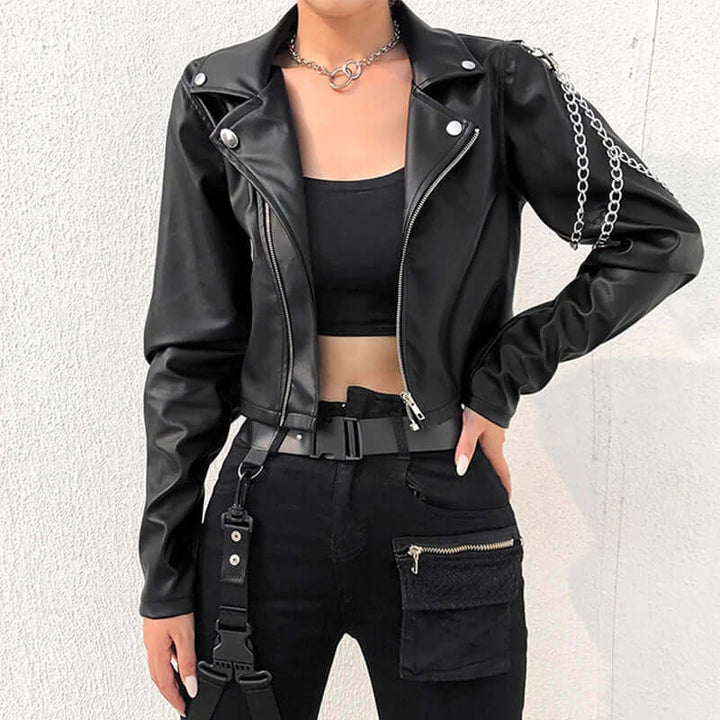 Women's Casual PU Leather Jacket with Silver Chains