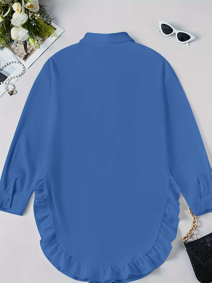 Women's Relaxed Fit Long Sleeve Shirt Dress with Ruffle Hem