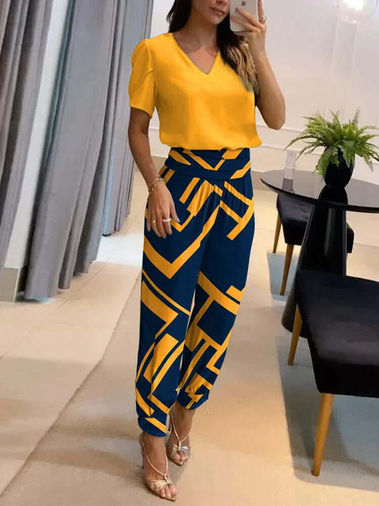 Women's Relaxed Fit Two-Piece Set: V-Neck Top & Elastic Waist Pants
