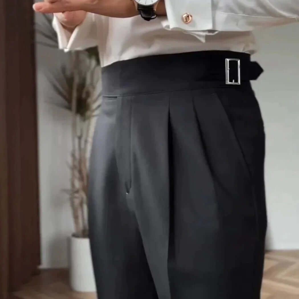 Men's High-Waisted Tailored Trousers: Pleated Front, Adjustable Buckle