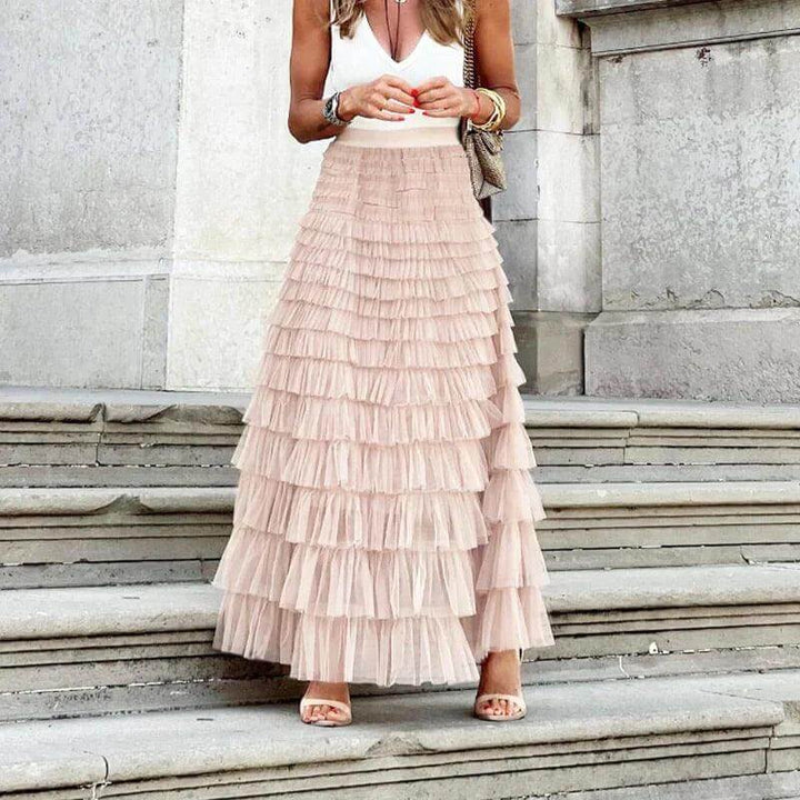 Elegant Pleated Mesh Midi Skirt: Women's Ruffle Detail Skirt