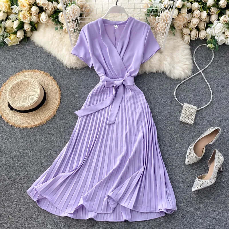Women's Knee-Length Pleated Dress: Elegant V-Neck High Waist