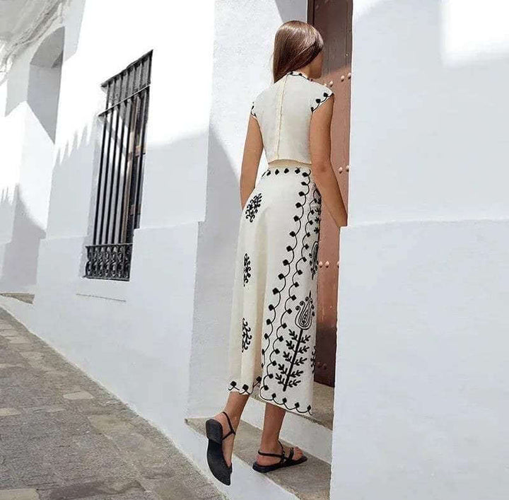 Elegant Women's Embroidered Crop Top & Midi Skirt Set
