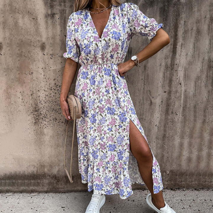Floral Midi Dress: V-Neck, Puff Sleeves, Cinched Waist