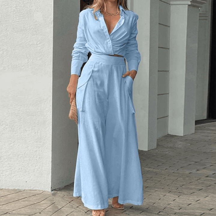 Women's Two-Piece Set: Long Sleeve Crop Top & Wide Leg Pants