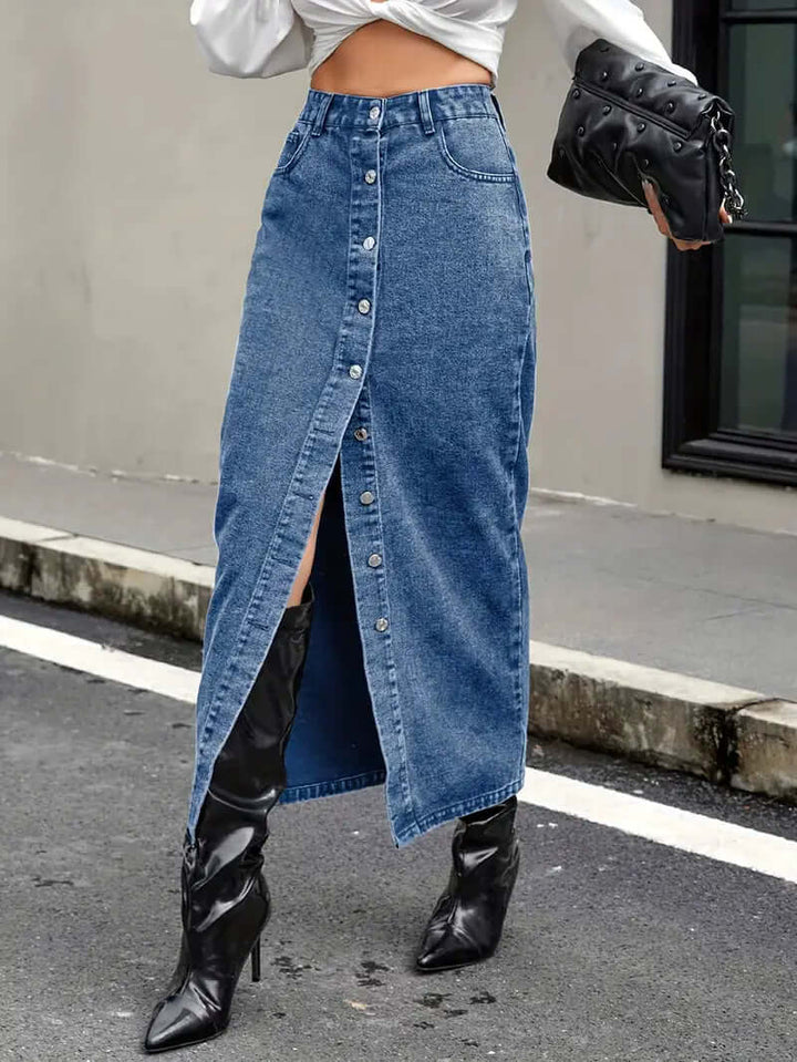 Women's Denim Midi Skirt: High-Waisted, Button-Front, Slit