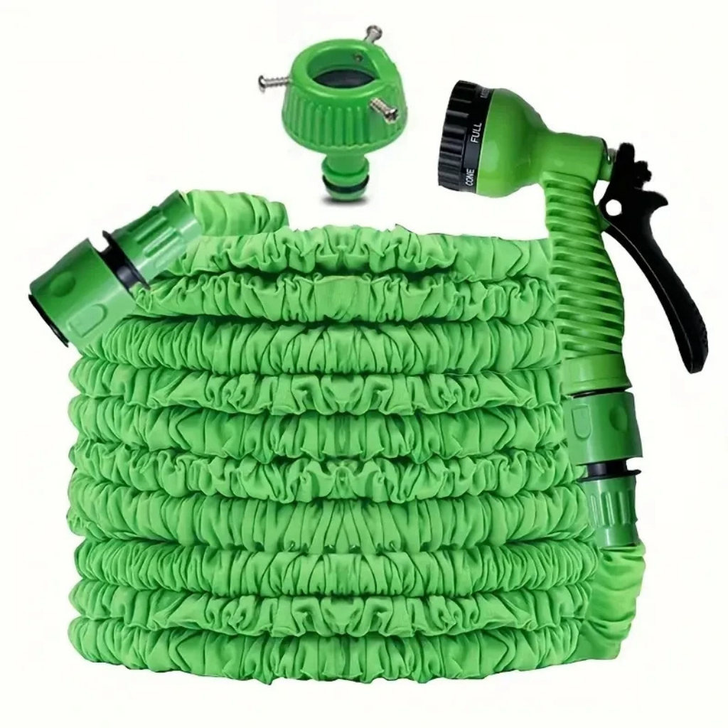 Flexible garden hose with adjustable nozzle, shown in coiled form, ideal for convenient and efficient garden watering.