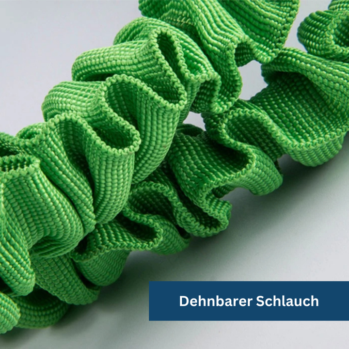 Flexible garden hose with adjustable nozzle, shown in coiled form, ideal for convenient and efficient garden watering.
