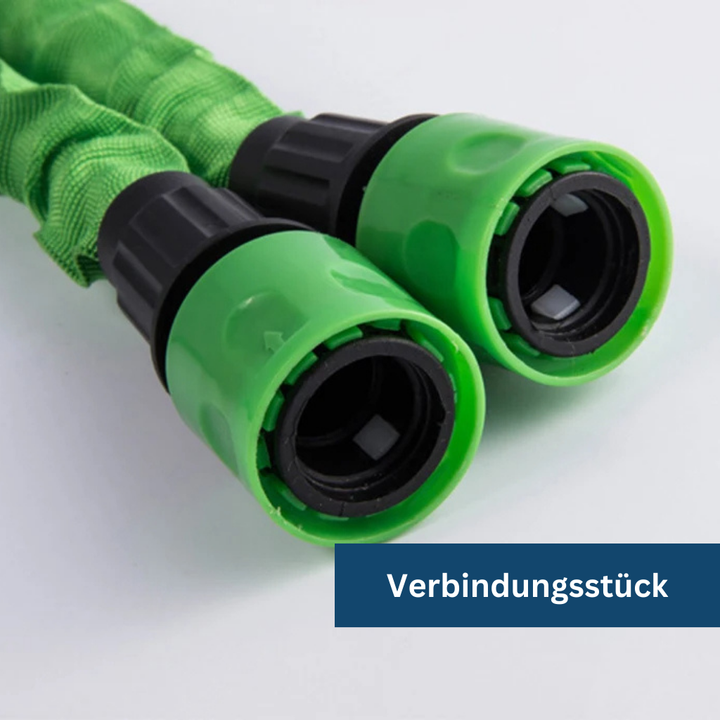 Flexible garden hose with adjustable nozzle, shown in coiled form, ideal for convenient and efficient garden watering.