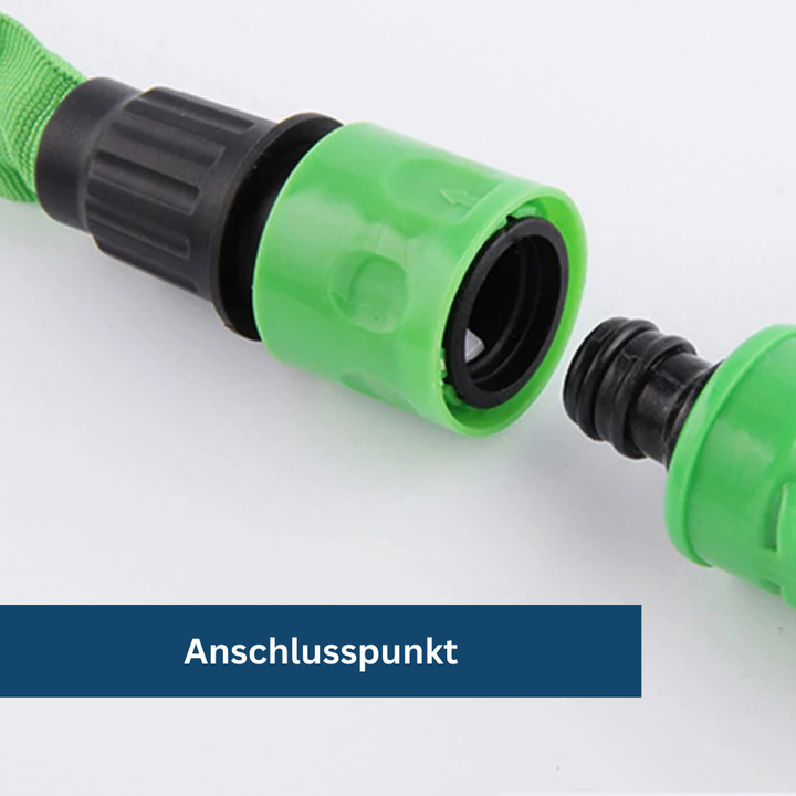 Flexible garden hose with adjustable nozzle, shown in coiled form, ideal for convenient and efficient garden watering.
