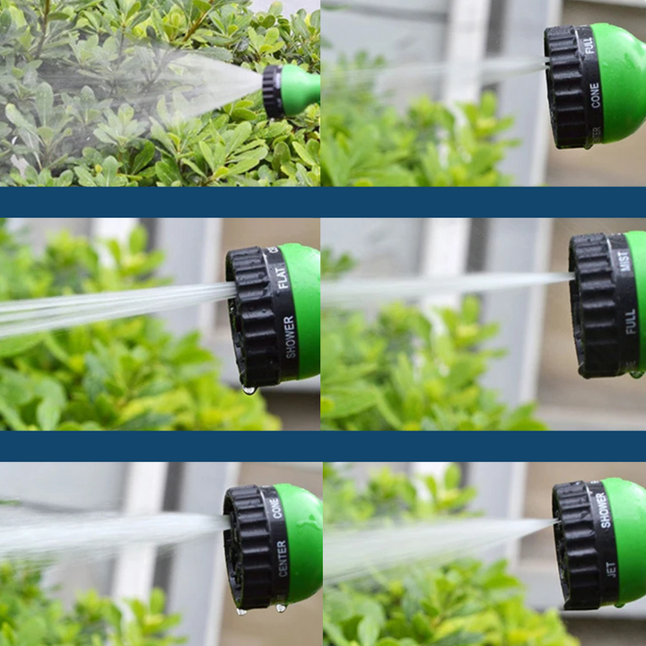 Flexible garden hose with adjustable nozzle, shown in coiled form, ideal for convenient and efficient garden watering.