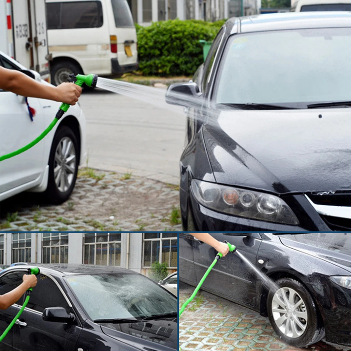 Flexible garden hose with adjustable nozzle, shown in coiled form, ideal for convenient and efficient garden watering.
