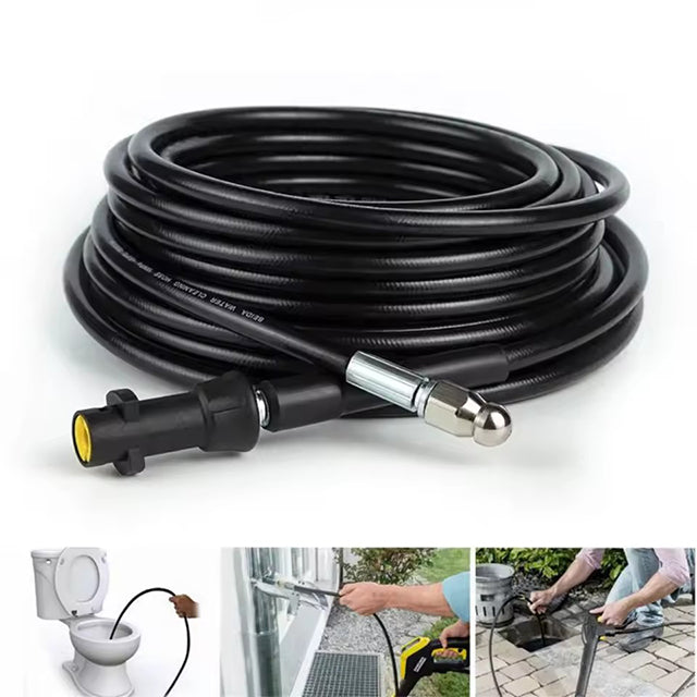 "Flexible high-pressure washer and drain hose ideal for Karcher cleaners, featuring durable woven fabric and anti-kink design