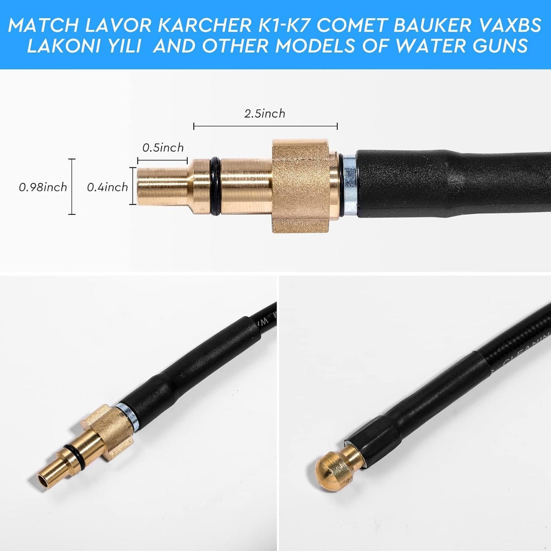 "Flexible high-pressure washer and drain hose ideal for Karcher cleaners, featuring durable woven fabric and anti-kink design