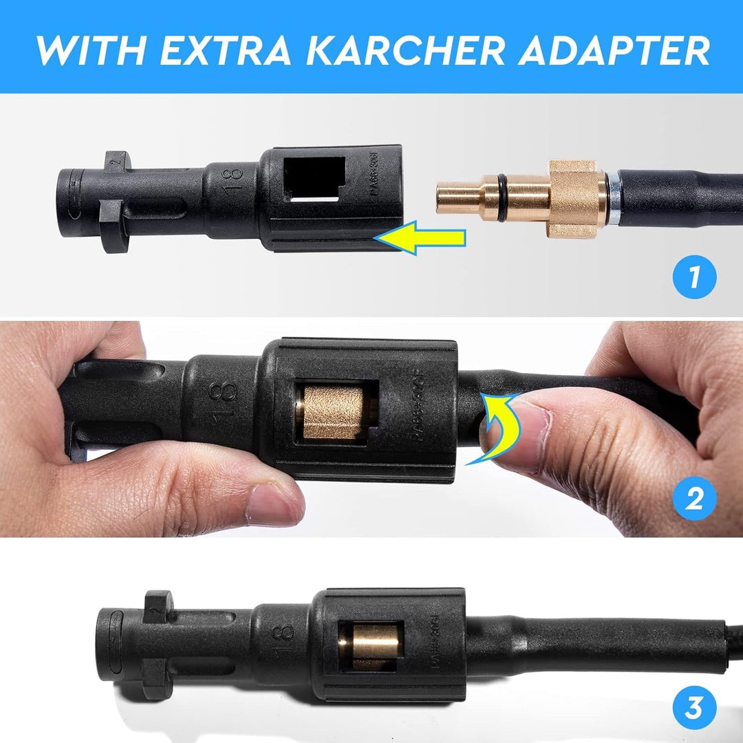 "Flexible high-pressure washer and drain hose ideal for Karcher cleaners, featuring durable woven fabric and anti-kink design