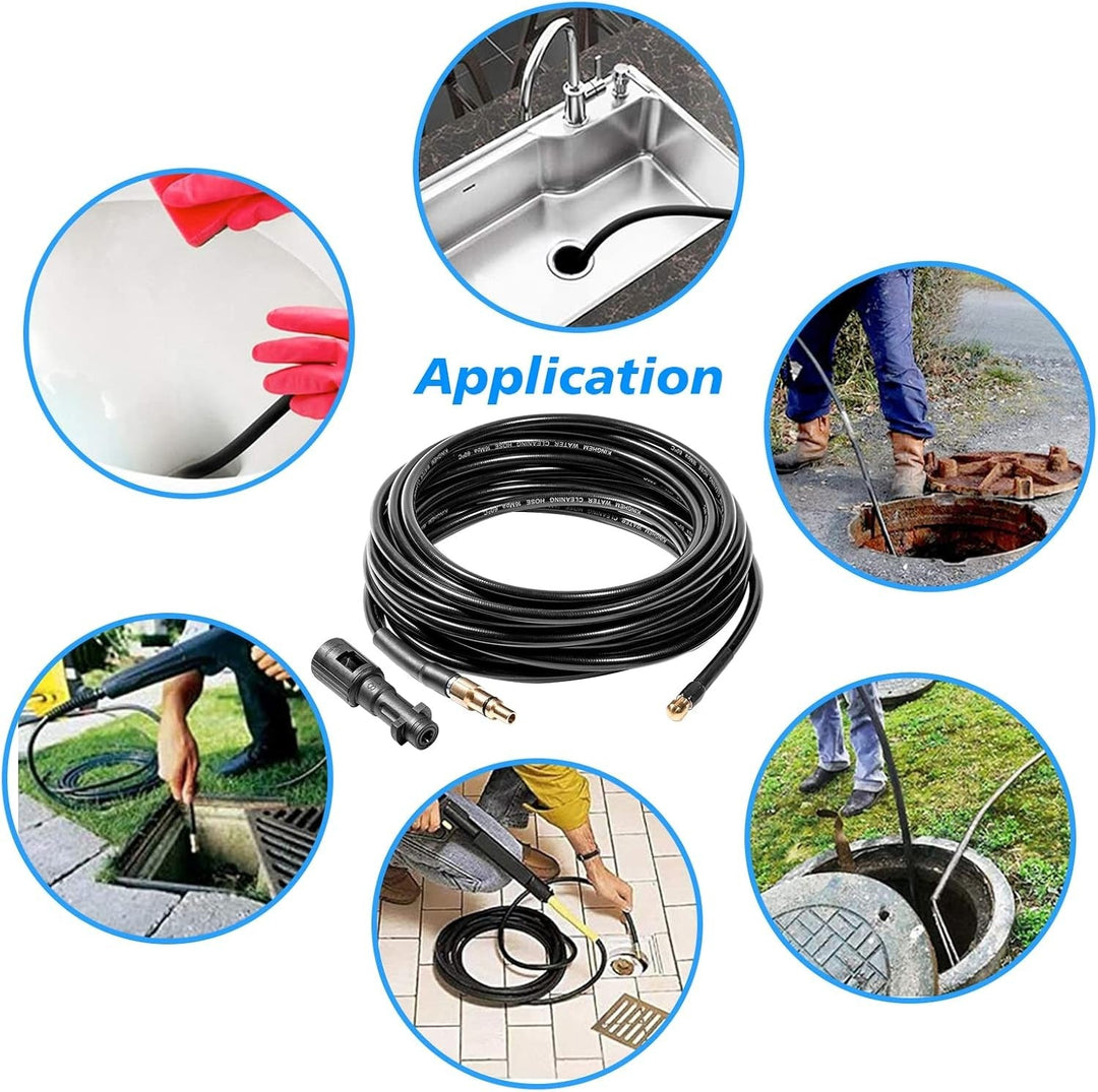 "Flexible high-pressure washer and drain hose ideal for Karcher cleaners, featuring durable woven fabric and anti-kink design