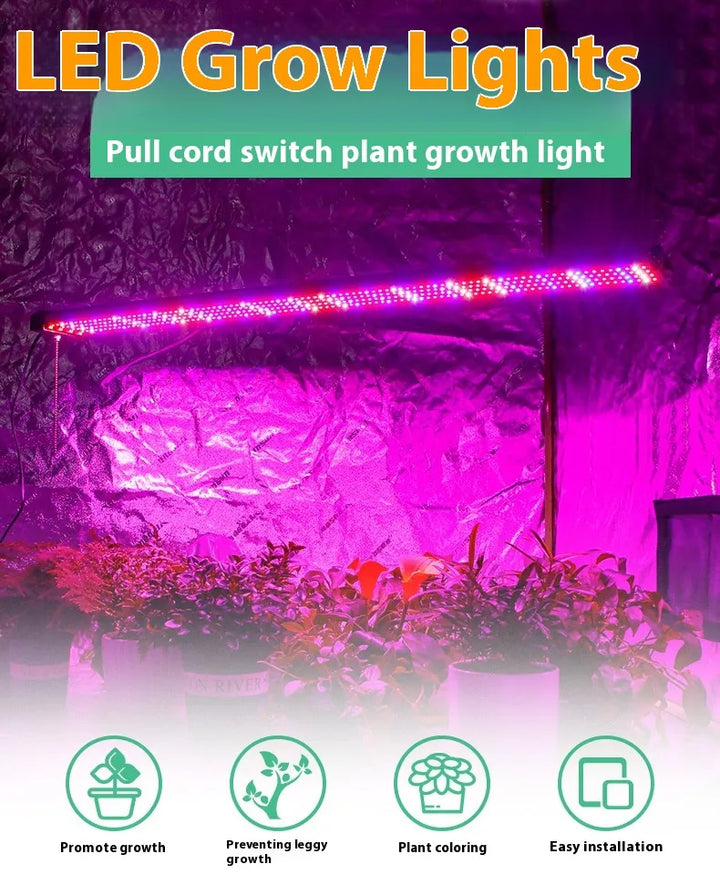 Full spectrum LED grow light with adjustable pull switch, mimics sunlight for plant growth, energy-efficient, promotes photos