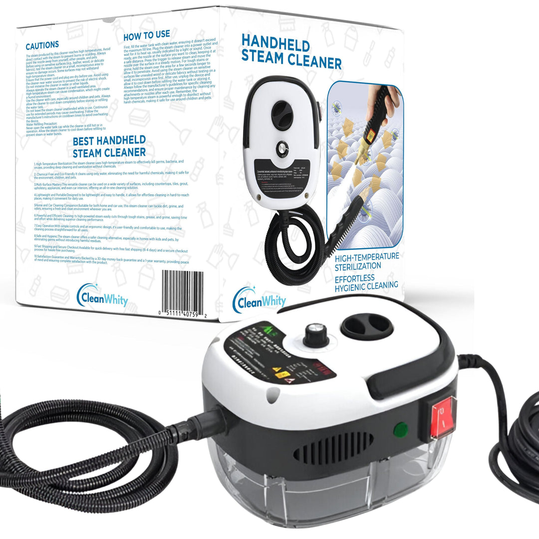 "Handheld steam cleaner, high temp, multi-surface, ergonomic design, suited for home and car use, eco-friendly cleaning."
