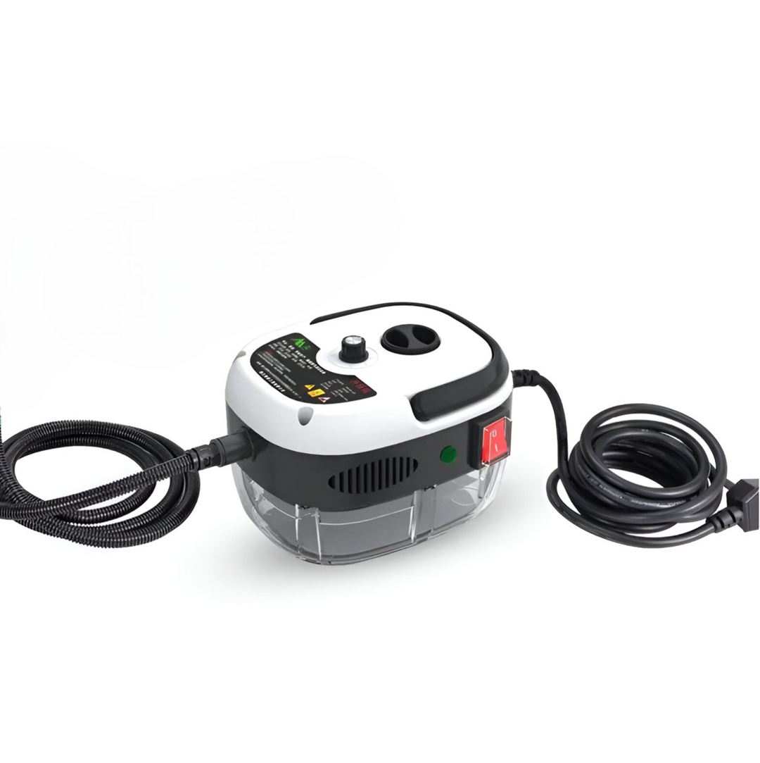 "Handheld steam cleaner, high temp, multi-surface, ergonomic design, suited for home and car use, eco-friendly cleaning."