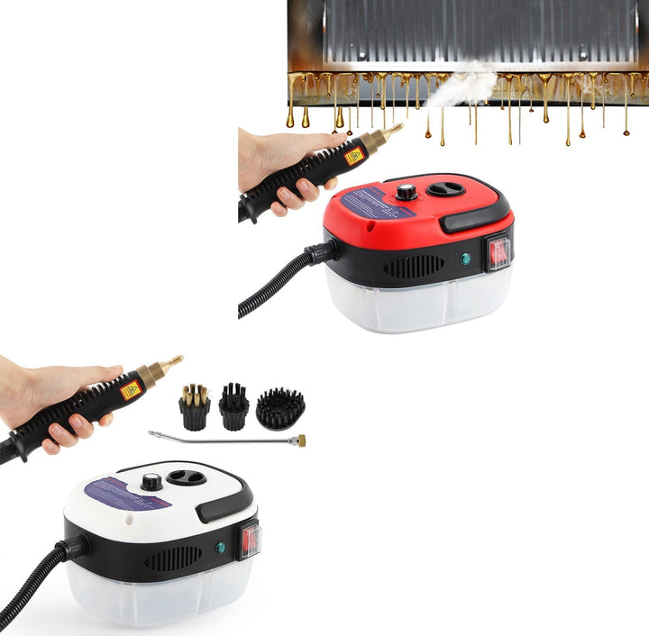 "Handheld steam cleaner, high temp, multi-surface, ergonomic design, suited for home and car use, eco-friendly cleaning."