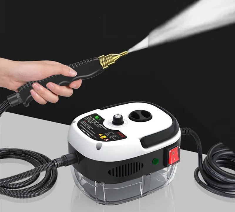 "Handheld steam cleaner, high temp, multi-surface, ergonomic design, suited for home and car use, eco-friendly cleaning."