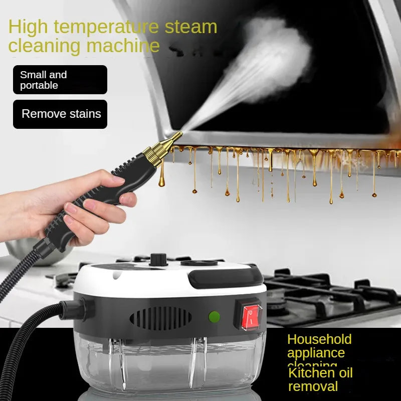 "Handheld steam cleaner, high temp, multi-surface, ergonomic design, suited for home and car use, eco-friendly cleaning."