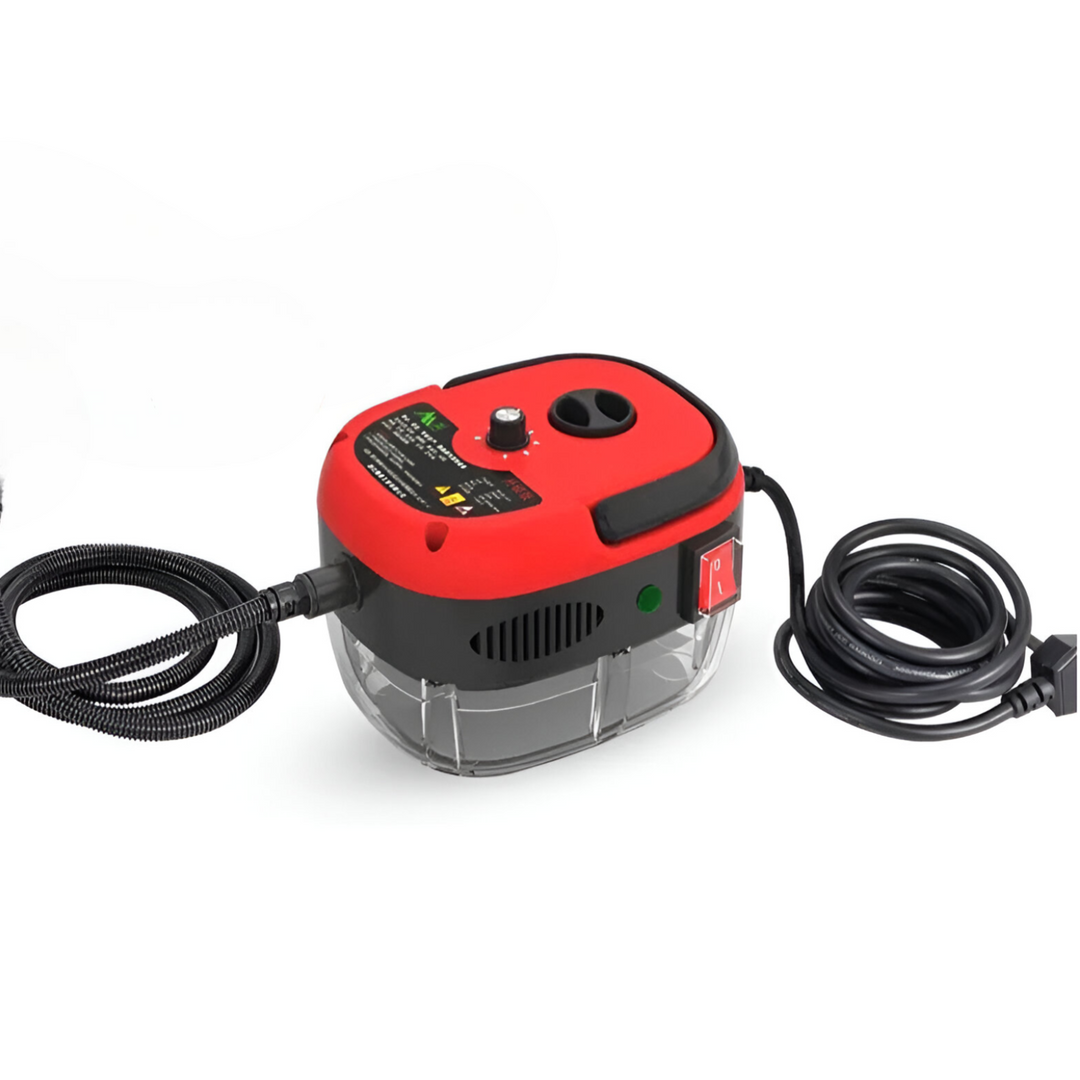 "Handheld steam cleaner, high temp, multi-surface, ergonomic design, suited for home and car use, eco-friendly cleaning."