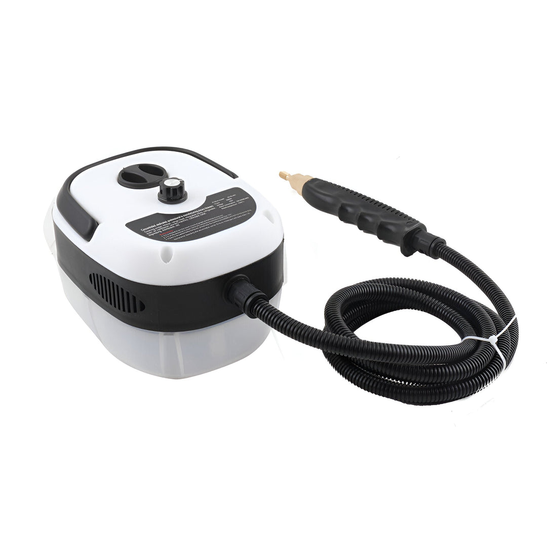 "Handheld steam cleaner, high temp, multi-surface, ergonomic design, suited for home and car use, eco-friendly cleaning."