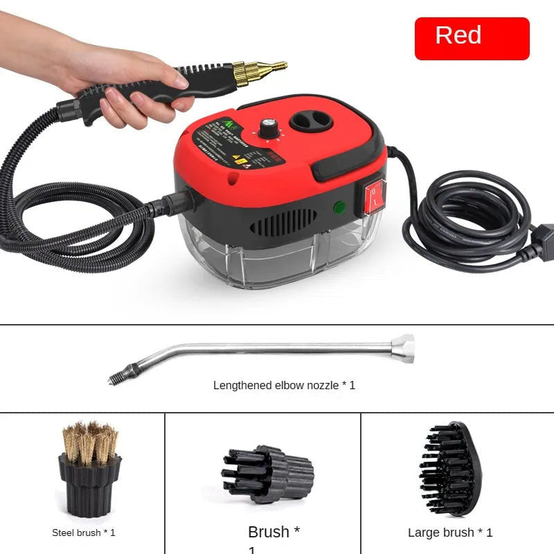 "Handheld steam cleaner, high temp, multi-surface, ergonomic design, suited for home and car use, eco-friendly cleaning."