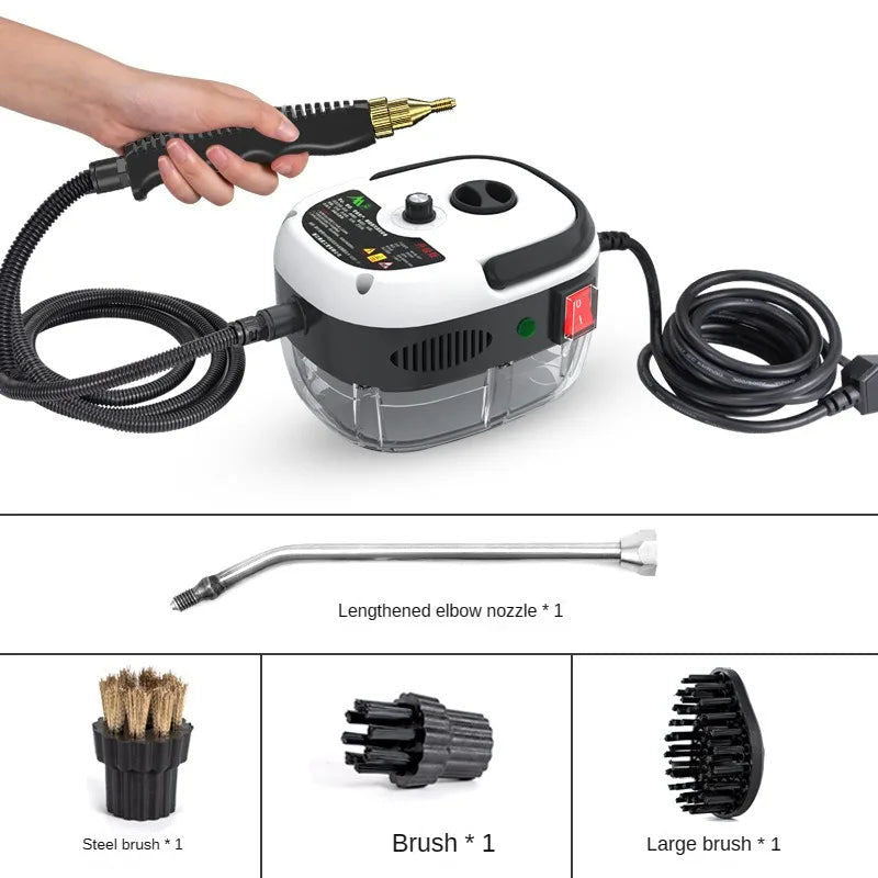 "Handheld steam cleaner, high temp, multi-surface, ergonomic design, suited for home and car use, eco-friendly cleaning."