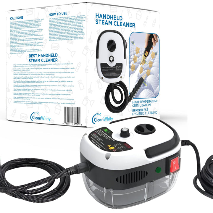 "Handheld steam cleaner, high temp, multi-surface, ergonomic design, suited for home and car use, eco-friendly cleaning."