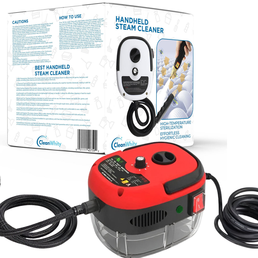 "Handheld steam cleaner, high temp, multi-surface, ergonomic design, suited for home and car use, eco-friendly cleaning."
